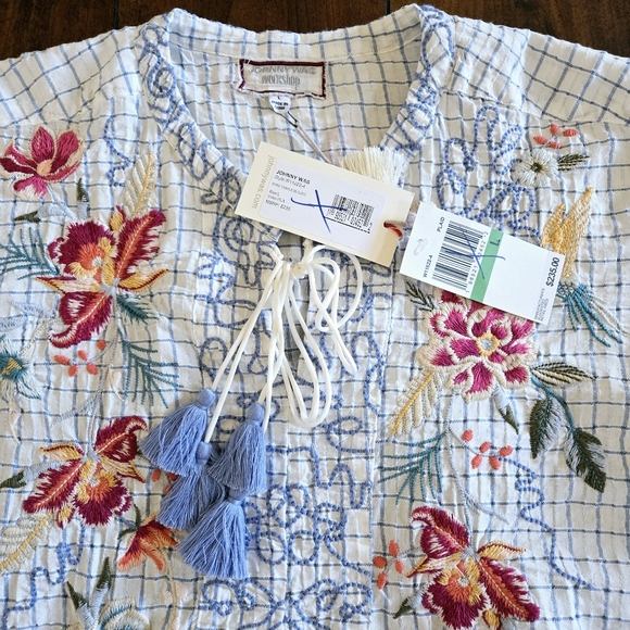 Johnny Was Workshop Miro Tassle Blue White Embroidered Blouse Sz Large MSRP $235 - Picture 9 of 10